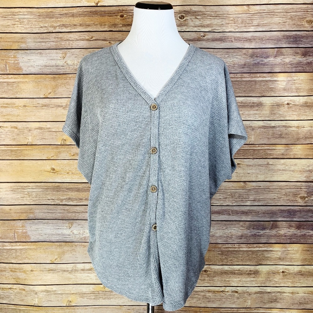 Fantastic Fawn Grey Thermal Button Down Top Blouse - Picture 1 of 8